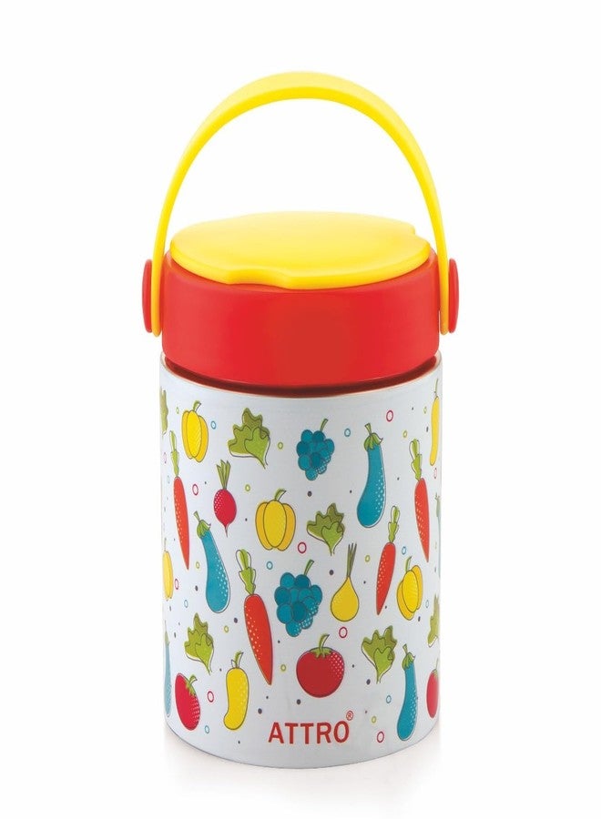 ATTRO Happy Go Insulated ISI certified Stainless Steel Soup Jar for Kids - 500ml, Leakproof, Long Temperature,Fruity Veggie Fun Yellow Print,Ideal for Kids,Adults, School, Office,Picnic,Travel - Image 1